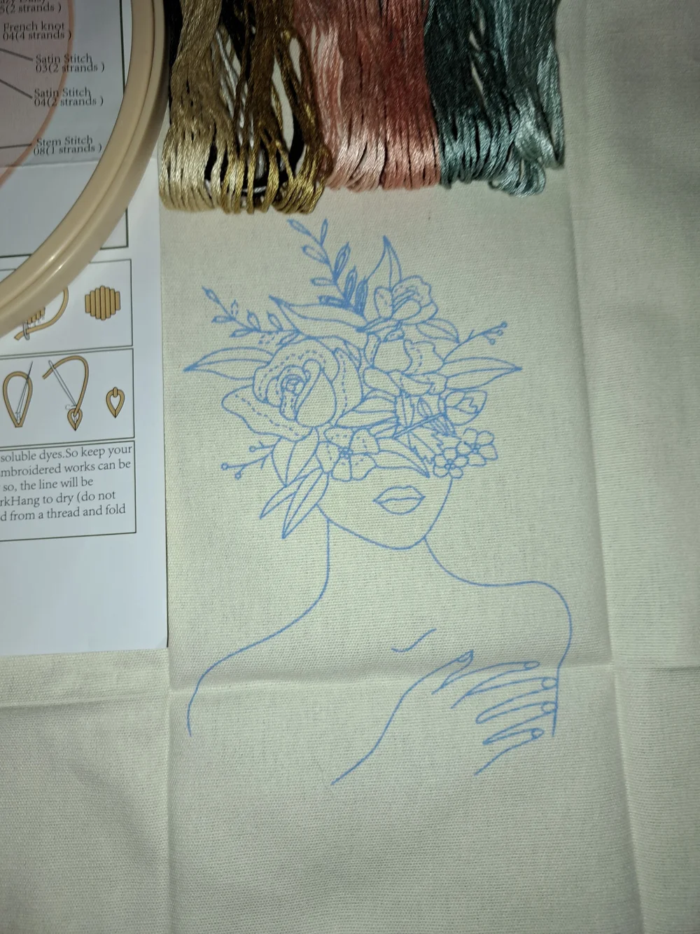 Floral Face Embroidery Kit with Hoop and Multi-Colored Threads